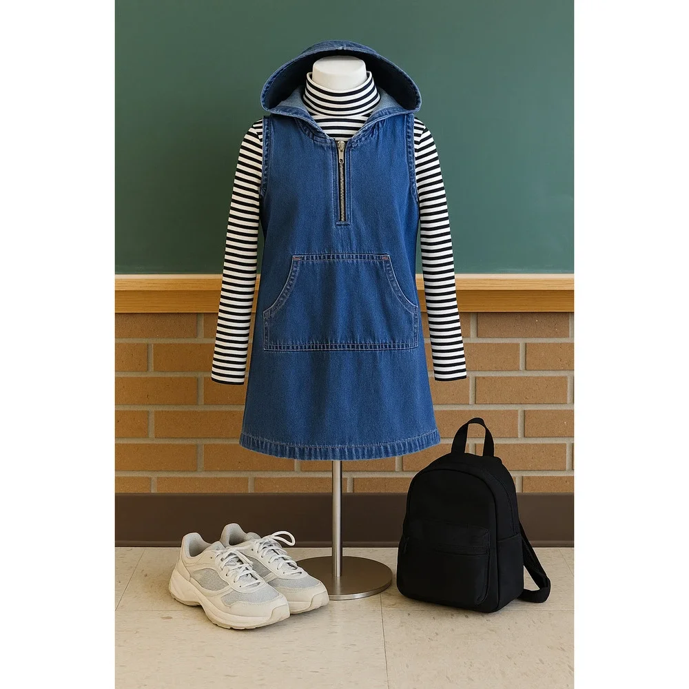 Vintage 90s GAP Girls Denim Hoodie Jumper Dress | Kangaroo Pocket | Size L 10-12